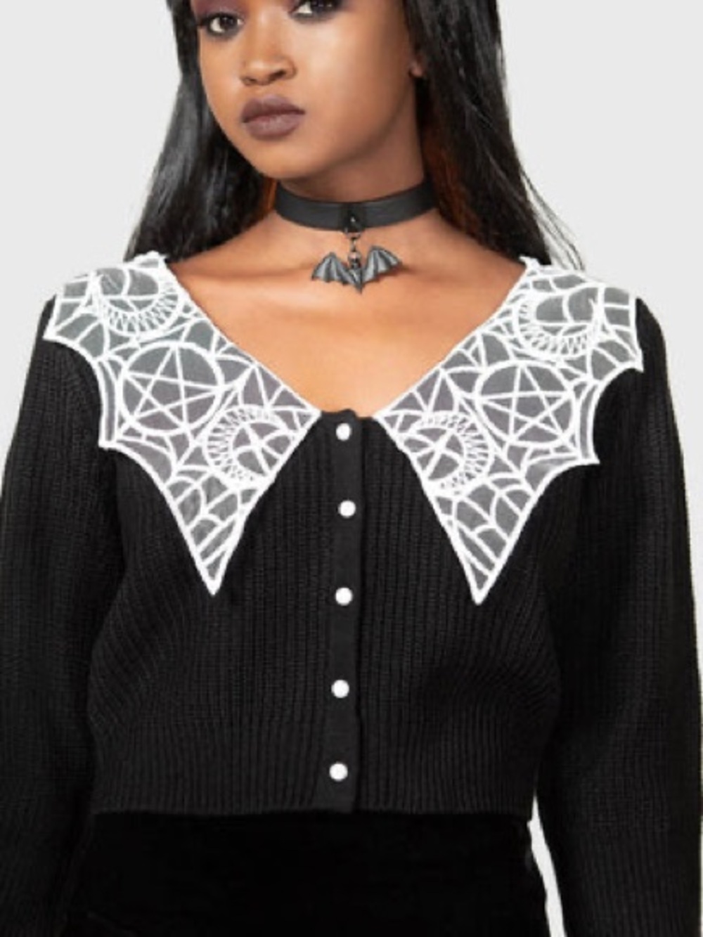 Killstar Clarita Chlo Cardigan Black XXL Spiderweb Lace Collar Goth Sweater - Picture 4 of 4